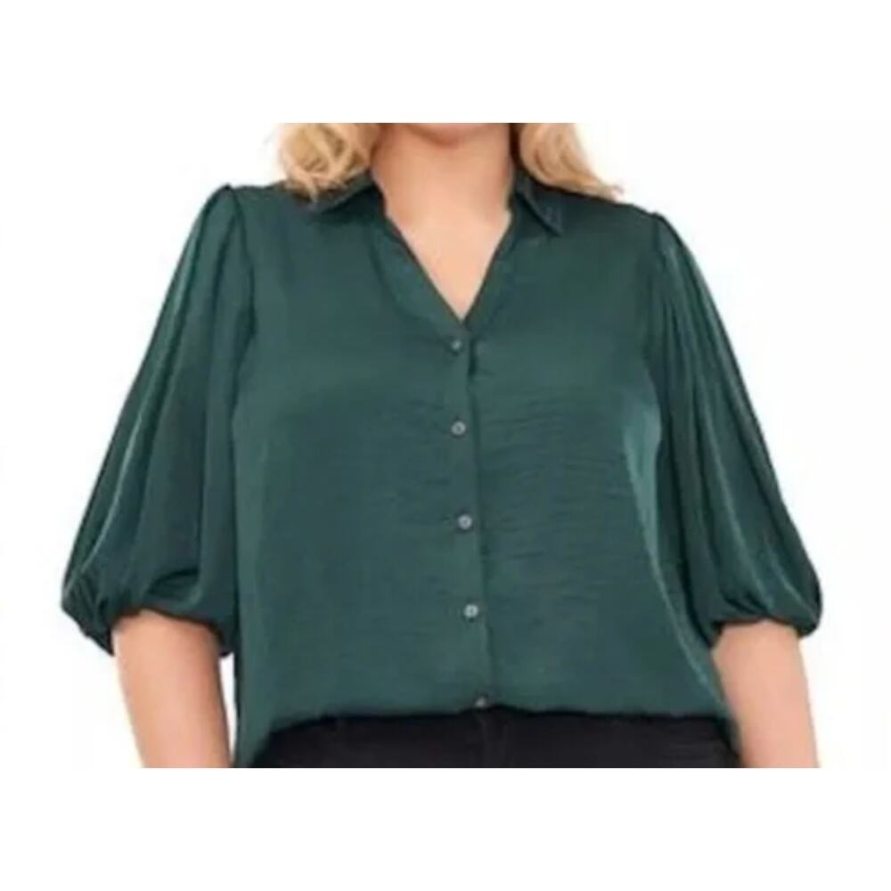 Vince Camuto Satin Balloon-Sleeve Button-up Blouse Top | 3X, Forest Green NWT - Picture 2 of 5